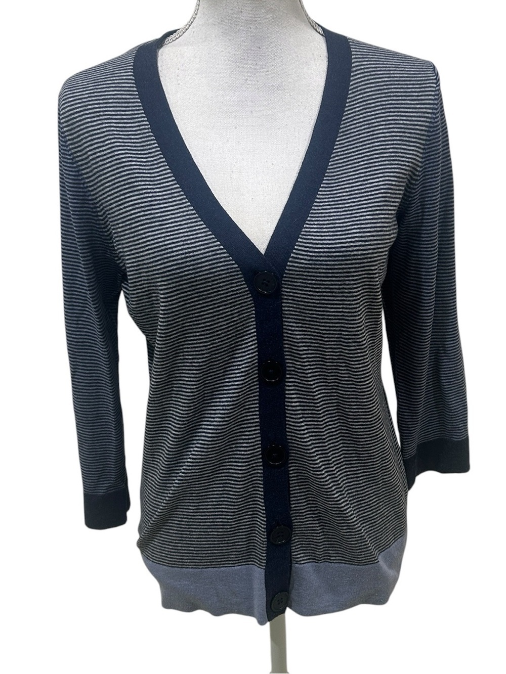 Talbots Navy, blue & Gray Striped V-Neck Button Cardigan colorblock medium
